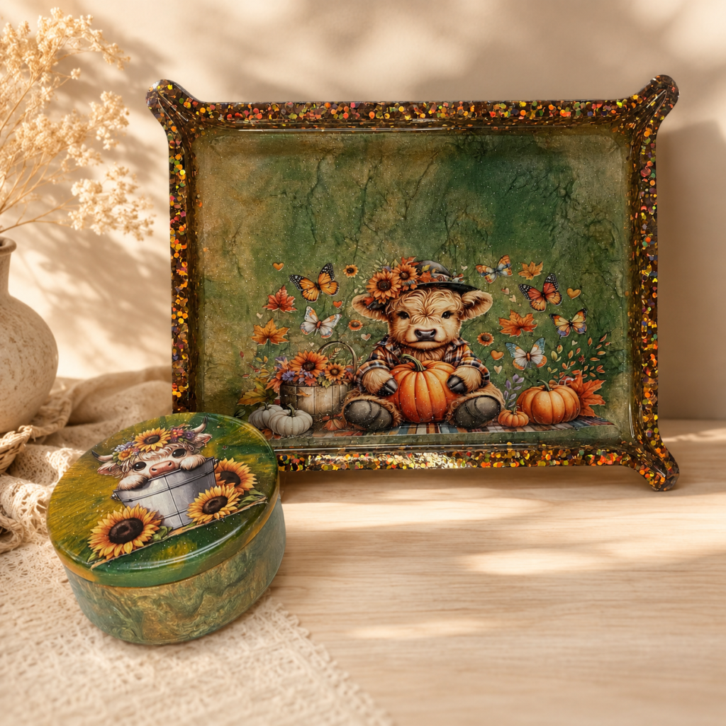 Handmade resin Highland cow tray and matching round jar with rustic autumn accents