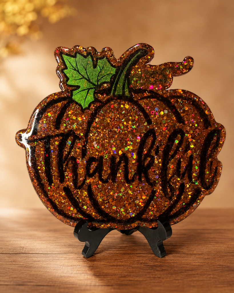 Glittering handmade resin pumpkin-shaped Thankful plaque with green leaf accent and display stand
