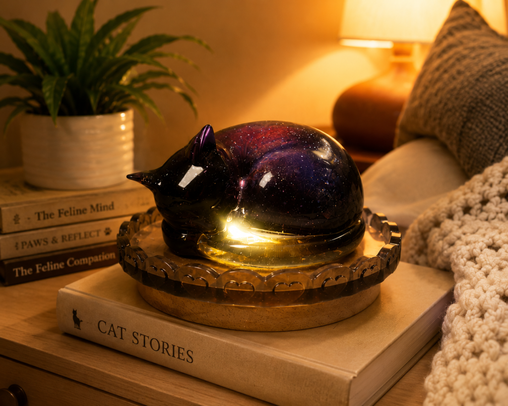 Sleeping cat resin night light with dimmable LED wood base