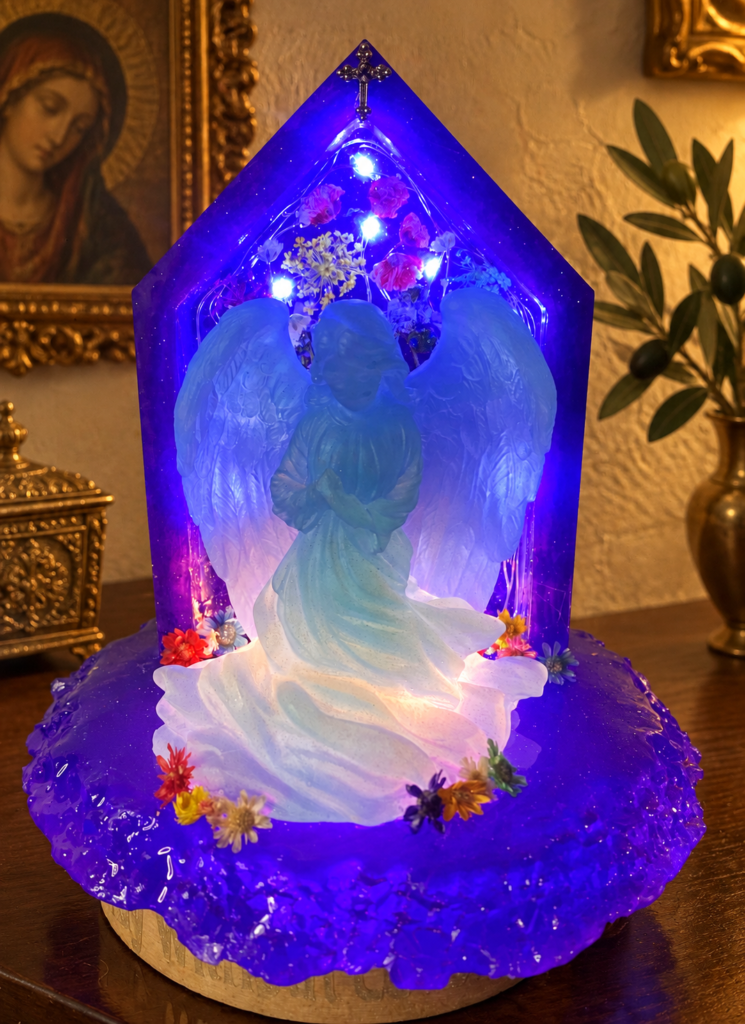 Purple arch angel resin night light with LED base and illuminated floral arch