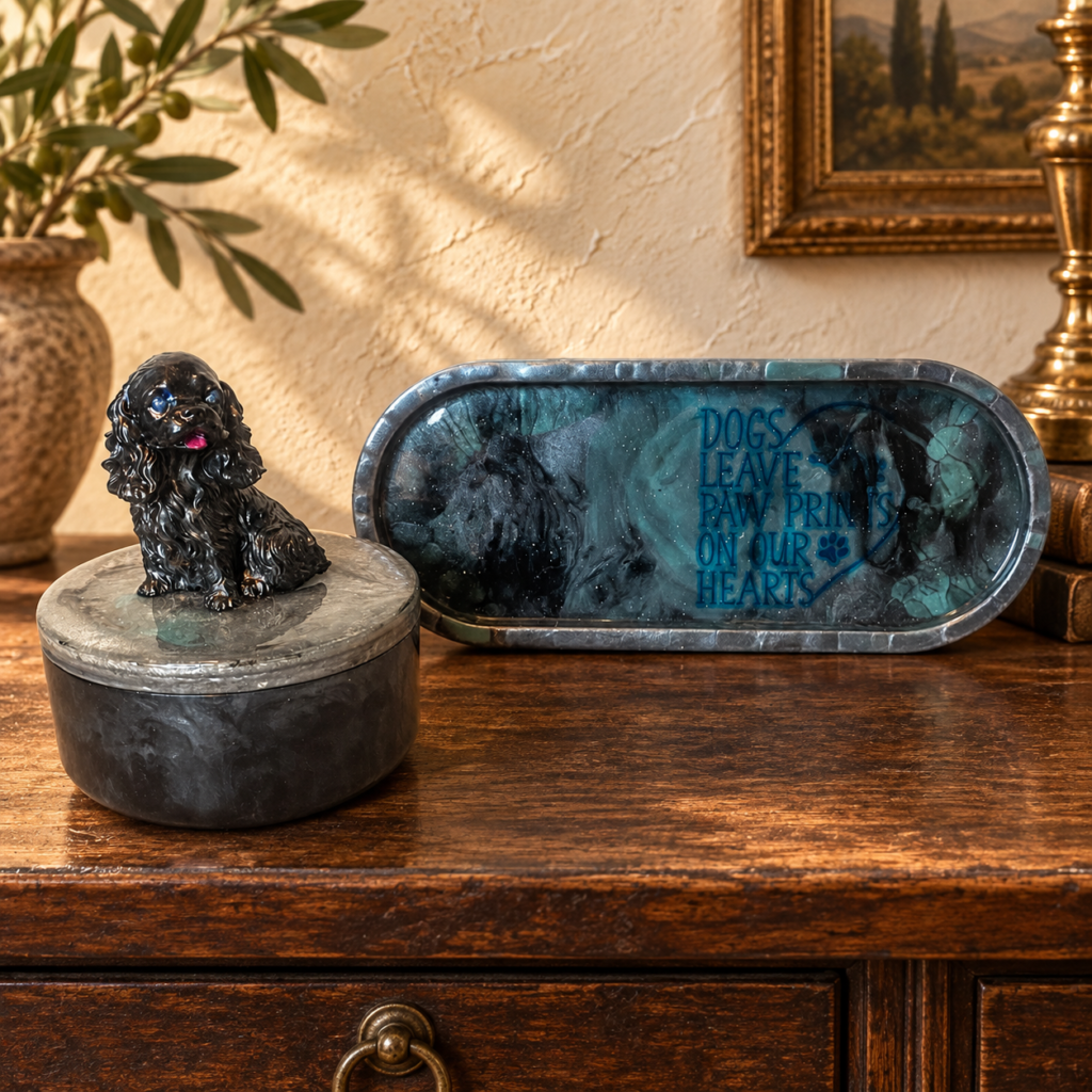 Handmade resin dog jar and matching decorative tray