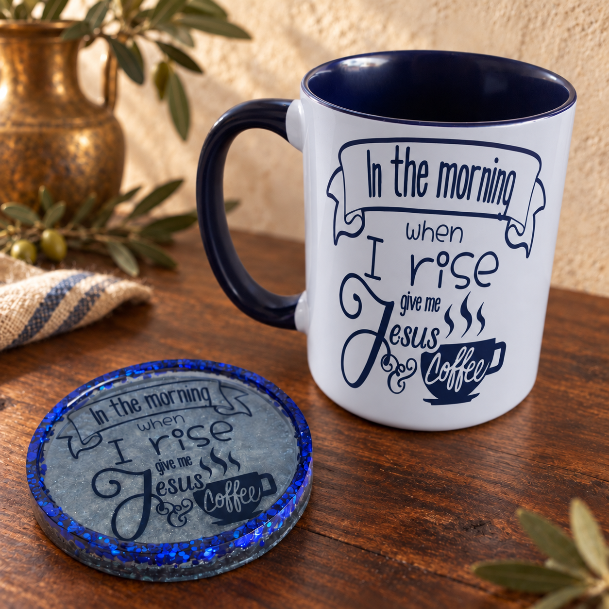 Christian coffee mug and handmade resin coaster set