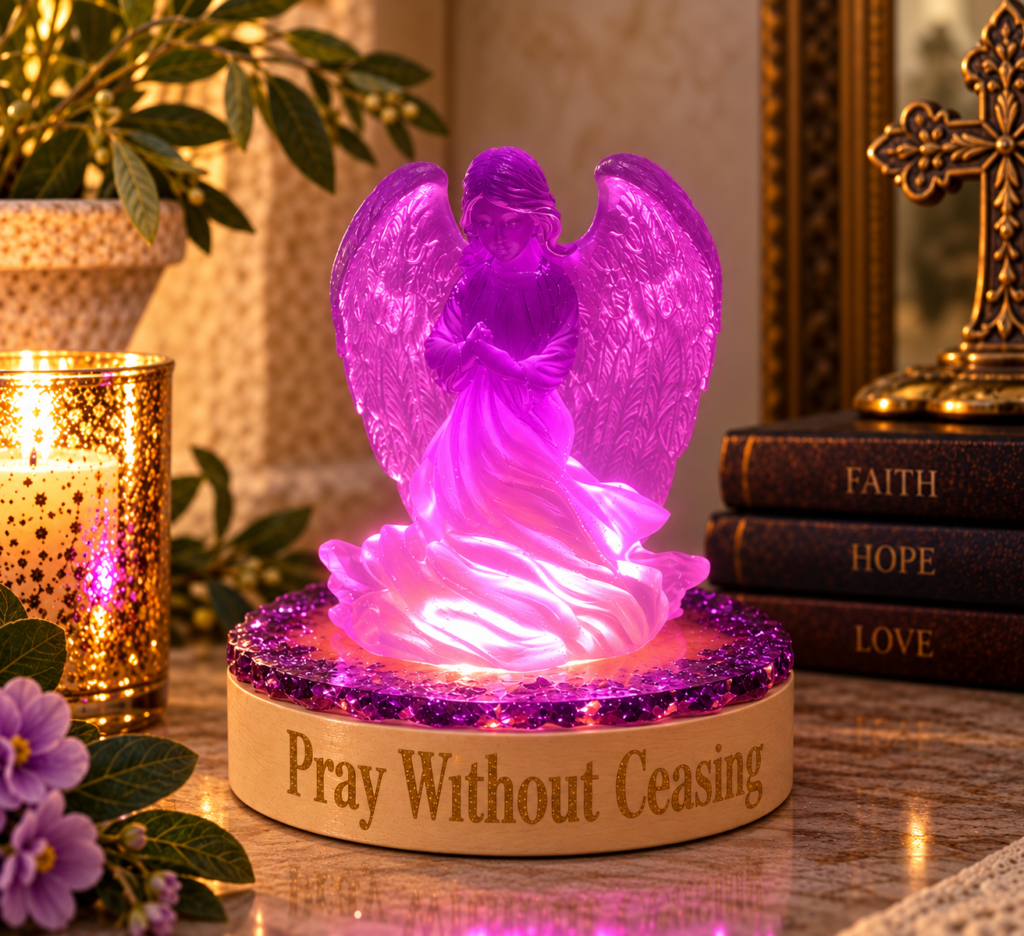 Purple resin angel night light with Pray Without Ceasing lettering on dimmable LED base.