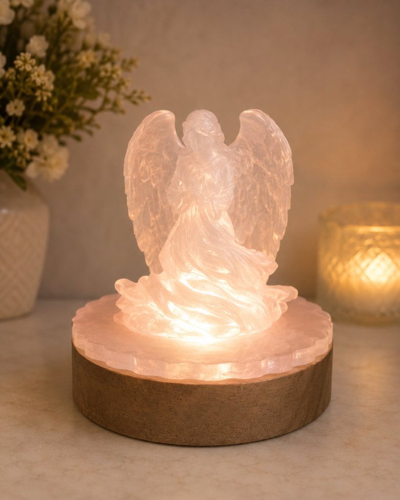 Sold pink resin angel night light with dimmable LED wood base
